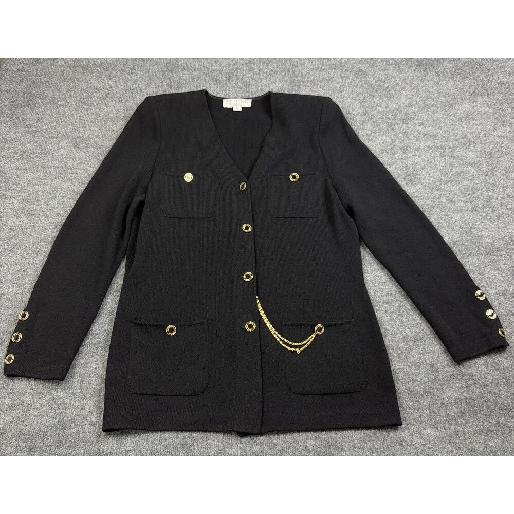 St. John Collection Black Santana Knit Jacket V-Neck Gold Chain Accent Sz 12